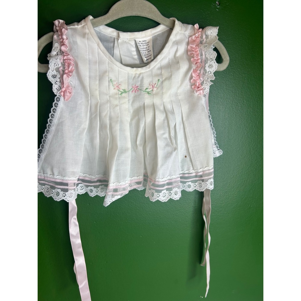 Vintage Nannette Baby Doll Top White Pink Floral Lace Trim 0-3 Months N03012